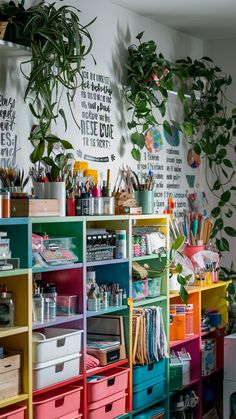 a room filled with lots of different colored drawers and plants on top of shelves next to each other