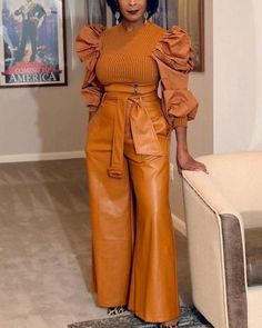 US$ 55.90 - Faux-Leather Wide-Leg Pants - m.vivisilk.com Streetwear Pants, Bodycon Floral Dress, Brown Fashion, Look Chic, Wide Leg Trousers, Straight Leg Pants, High Waisted Pants, Look Fashion, Fashion Pants