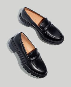 The Bradley Lugsole Loafer in Leather | Madewell Lugsole Loafer, Chunky Loafer, Chunky Loafers, Leather Industry, Classy Shoes, Soft Shoes, Loafers Style, Black Loafers, Comfy Shoes