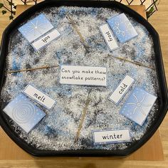 a black tray filled with lots of snow covered words and magnets on top of it