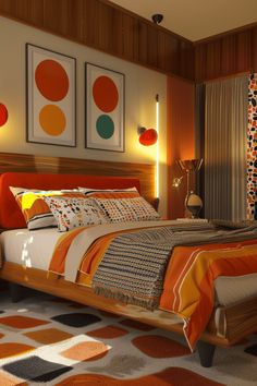 an orange and white bedroom with modern decor