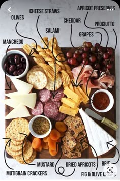 a wooden board topped with different types of cheeses and crackers