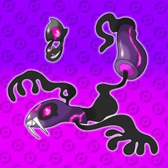 a purple background with black and pink designs on it's sides, including an alien like creature