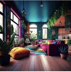 a living room filled with lots of colorful furniture