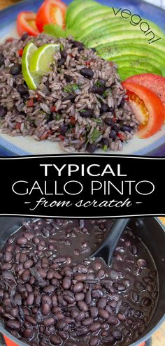 black beans and vegetables in a pan with the caption typical gallo pinto from season