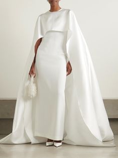 Cream Leni cape-effect crepe and faille gown | SOLACE LONDON | NET-A-PORTER Gown With Cape, Train Silhouette, Cape Wedding Dress, Cape Gown, Solace London, London Outfit, Pageant Dress, Mermaid Evening Dresses, Cape Dress