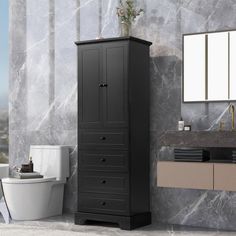 a white toilet sitting next to a tall black cabinet in a bathroom under a mirror