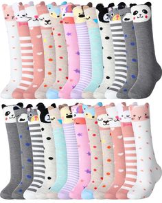 PRICES MAY VARY. Ample Quantity and Assortment of Designs: this package includes 24 pairs of girls knee high socks; It features 12 lovely cartoon animal patterns, such as cats, dogs, pandas, bears and more; The beautiful appearances and intricate 3D designs not only add comfort but also make these socks a versatile accessory that'll brighten your outfit, making each day special Durability and Comfort Material: made from a blend of 80% cotton and 20% spandex material, girls knee socks provide sof Cute Multicolor Socks, Cute White School Socks, Girls Knee Socks, Girls Knee High Socks, Tall Socks, Socks Gift, Kids Funny, Animal Patterns, Girls High