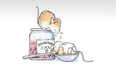 a drawing of a mouse eating out of a jar