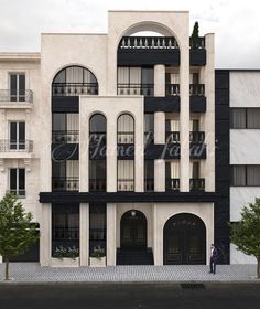 an artist's rendering of a building with balconies and arched doorways