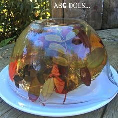 a glass bowl filled with leaves on top of a wooden table