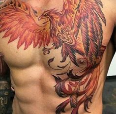 a man's chest with an eagle tattoo on his arm and chest is shown