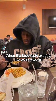 a man sitting at a table with food in front of him and the caption reads, when the food taste exactly, like you carved it