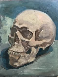 a painting of a human skull on a blue background