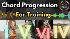 an advertisement for ear training with music and sound waves in the background, including words that read