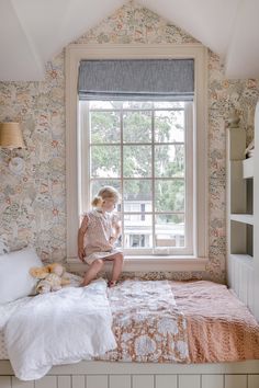 Esmé’s Big Girl Room Reveal - Jenna Sue Design Girls Attic Bedroom, Girls Room Built Ins, Garden Bedroom Kids, Classic Girls Bedroom, Girls Bedroom With Wallpaper, Children’s Rooms, Jenna Sue Design, Toddler Girl Bedroom Wallpaper, Vintage Inspired Girls Room