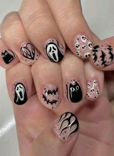 Halloween 24pcs Short Square Acrylic False Nails - Includes Ghost, Pumpkin, Vampire, Zombie, Skull, Blood, Cross, Bat, Spider Web, Haunted House Designs To Upgrade Nail Art + 1pc Jelly Gel + 1pc Nail File Multicolor      Color Nails   Nail,Hand & Foot Care, size features are:Bust: ,Length: ,Sleeve Length: Scary Short Nails, Short Scary Nails, Scary Nails, Black And White Nail, Halloween Press On Nails, Halloween Acrylic Nails, Short Gel Nails, Valentine Nails, Pumpkin Nails