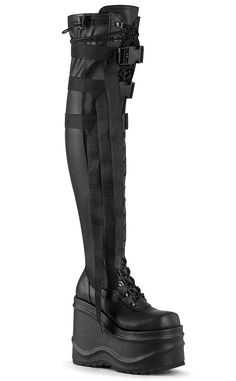 WAVE-315 Black Matte Thigh High Platform Boots-Demonia-Tragic Beautiful Thigh High Platform Boots, Stretch Thigh High Boots, Demonia Boots, Demonia Shoes, Festival Shoes, Black Platform Boots, Elastic Top, Thigh Boot, How To Stretch Boots