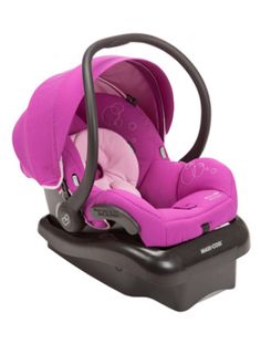 a baby car seat that is pink and black