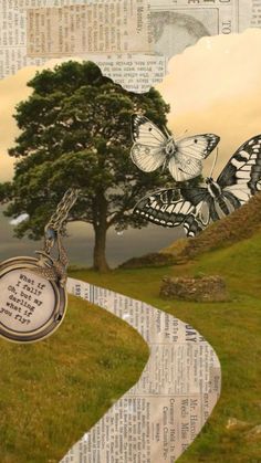 an altered photograph of a tree with butterflies on it and a path leading up to the tree