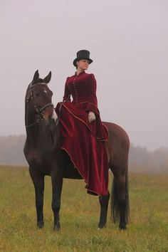 a woman in a red dress riding on the back of a brown and black horse