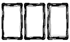 three black and white images of the front and back sides of an electronic device, each with