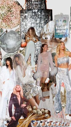 the collage shows many different women in white outfits and silver dresses, with one woman wearing