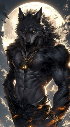 an illustration of a wolf standing in front of the moon with his hands on his hips