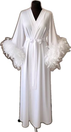 Glamorous Long Wedding Gown, Elegant Party Robe With Feather Trim, Elegant Robe With Feather Trim For Wedding Night, Elegant Sleep Maxi Dress, Chic Long Robe For Loungewear, Chic Long Loungewear Robe, Elegant White Wrap Maxi Dress, Elegant Floor-length Sleepwear, Elegant Fitted Bridesmaid Sleepwear