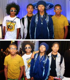 four different shots of young men in front of a stage and behind them are two pictures of the same man