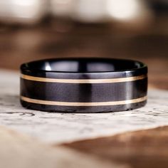 mens-black-titanium-wedding-band-dual-metal-inlays-renegade-noir-rustic-and-main Titanium Mens Wedding Band, Prom Make Up, Black Metal Rings, Black Titanium Ring, Wedding Band Black, Wedding Ring Sets Unique, Male Wedding, Wood And Gold, Men's Wedding Bands