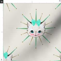 a white cat with blue eyes and a bow on it's head is surrounded by stars