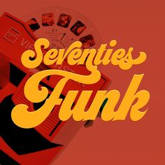 the words seventies's funky are written in orange and yellow on a red background