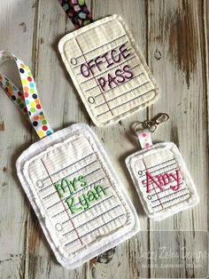 three handmade tags with the words office pass and my son's name on them