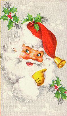 an old fashioned christmas card with santa claus holding a bell and holly berries on it