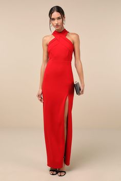 Sexy Red Maxi Dress - Halter Maxi Dress - Backless Maxi Dress - Lulus Fitted Gala Dress With Crisscross Straps, Fitted Dress With Crisscross Straps For Gala, Fitted Cocktail Dress With Crisscross Straps, Elegant Evening Dress With Crisscross Straps, Fitted Halter Maxi Dress For Dinner, Chic Dresses With Crisscross Straps For Gala, Fitted Maxi Dress With Crisscross Straps For Night Out, Elegant Dress With Crisscross Straps For Date Night, Fitted Evening Dresses With Crisscross Straps