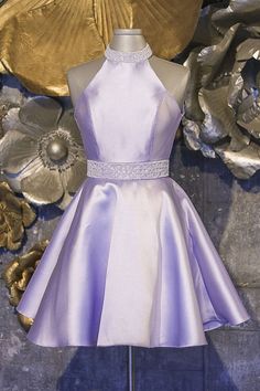 Halter Short Lavender A Line Satin Homecoming Dress with Beading Cheap Homecoming Dresses Short, Lavender Homecoming Dress, Vestido Color Lila, Prom 2020, Cheap Homecoming Dresses, Satin Homecoming Dress, Dresses 2022, Graduation Dresses, Senior Prom