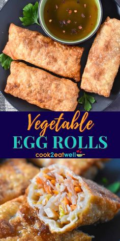 vegetable egg rolls on a black plate with dipping sauce in the middle and an image of vegetables