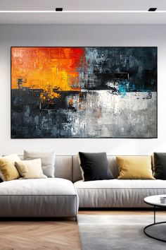 Original handmade abstract painting featuring bold orange and yellow contrasting with gray and blue, textured brushstrokes create a modern wall art piece Art Picasso, Boho Painting, Bold Color, Vibrant Orange, Blue Accents, Art Abstrait, Abstract Wall, Touch Of Modern