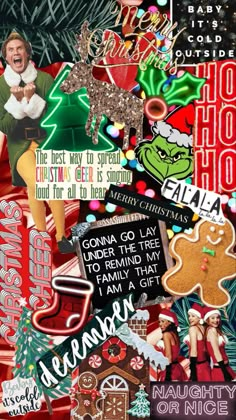 a collage of christmas related items and texting from the grinch's office