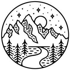 a black and white drawing of mountains with stars in the sky over a river surrounded by trees