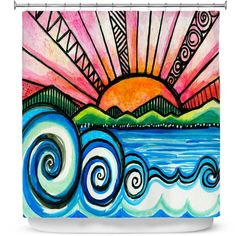 a shower curtain with an image of the sun rising over water and mountains in the background