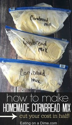 three bags of homemade cornbread mix sitting on top of a wooden table