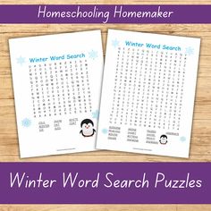 two printable winter word search puzzles on a wooden table with text that reads homeschooling homemaker