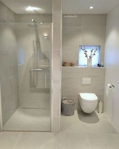 a white toilet sitting next to a shower in a bathroom under a skylight with lights on