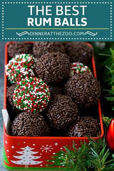 chocolate christmas truffles with sprinkles in a red container