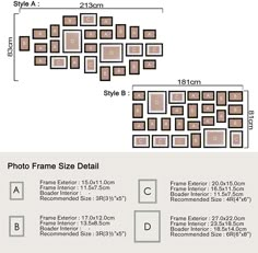 the size and width of frames in different sizes, with measurements for each one piece