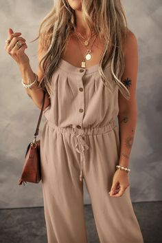 Knotted Straps Button Textured Drawstring Jumpsuit Summer Solid Color Button-up Jumpsuit, Relaxed Fit Button-up Jumpsuits For Loungewear, Summer Neutral-colored Jumpsuits And Rompers With Pockets, Cotton Button-up Jumpsuits And Rompers With Button Closure, Casual V-neck Jumpsuit With Button Closure, Straps Jumpsuit, Bodycon Dresses Casual, Jumpsuit Online, Knit Jumpsuit