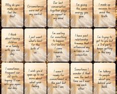 a set of twelve cards with words written on them and an image of feathers in the background