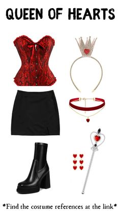 the queen of hearts costume is shown in red and black, with accessories including a tiara